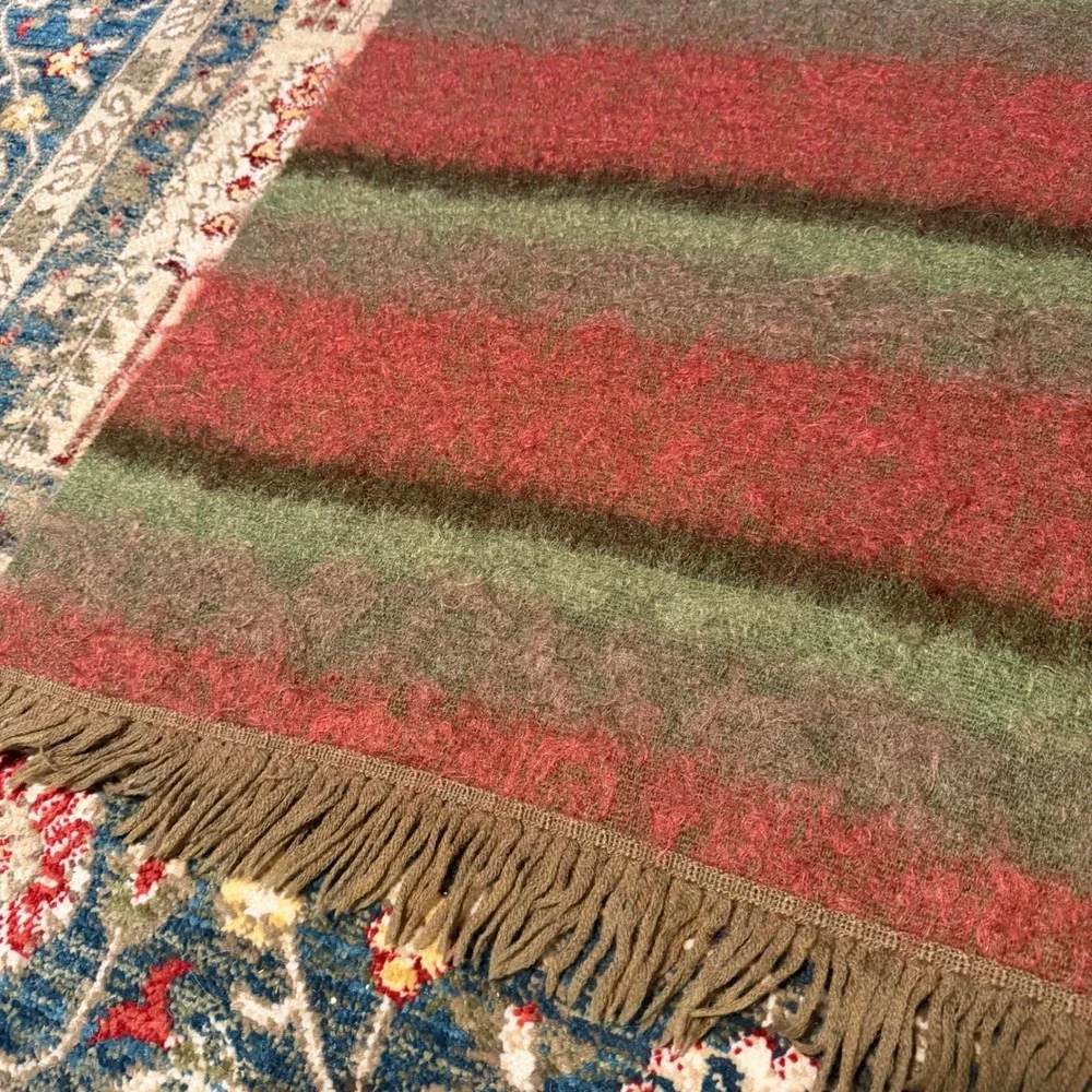 Vintage 60s Andrew Stewart Woven Scotland Mohair Wool Blanket Scarf Striped Shag